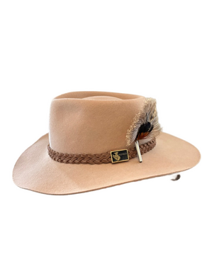 Australian Tan Wool Felt Leather Outback Hat with Braided Band & Feather Pin